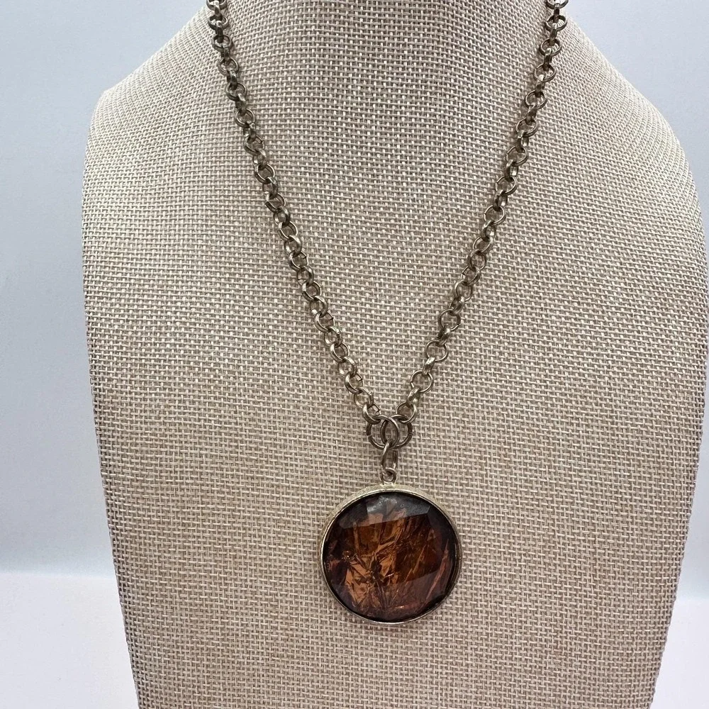 Vintage 90s Silver‎ Tone Amber Foil Glass Round Pendant Necklace Women's Jewelry